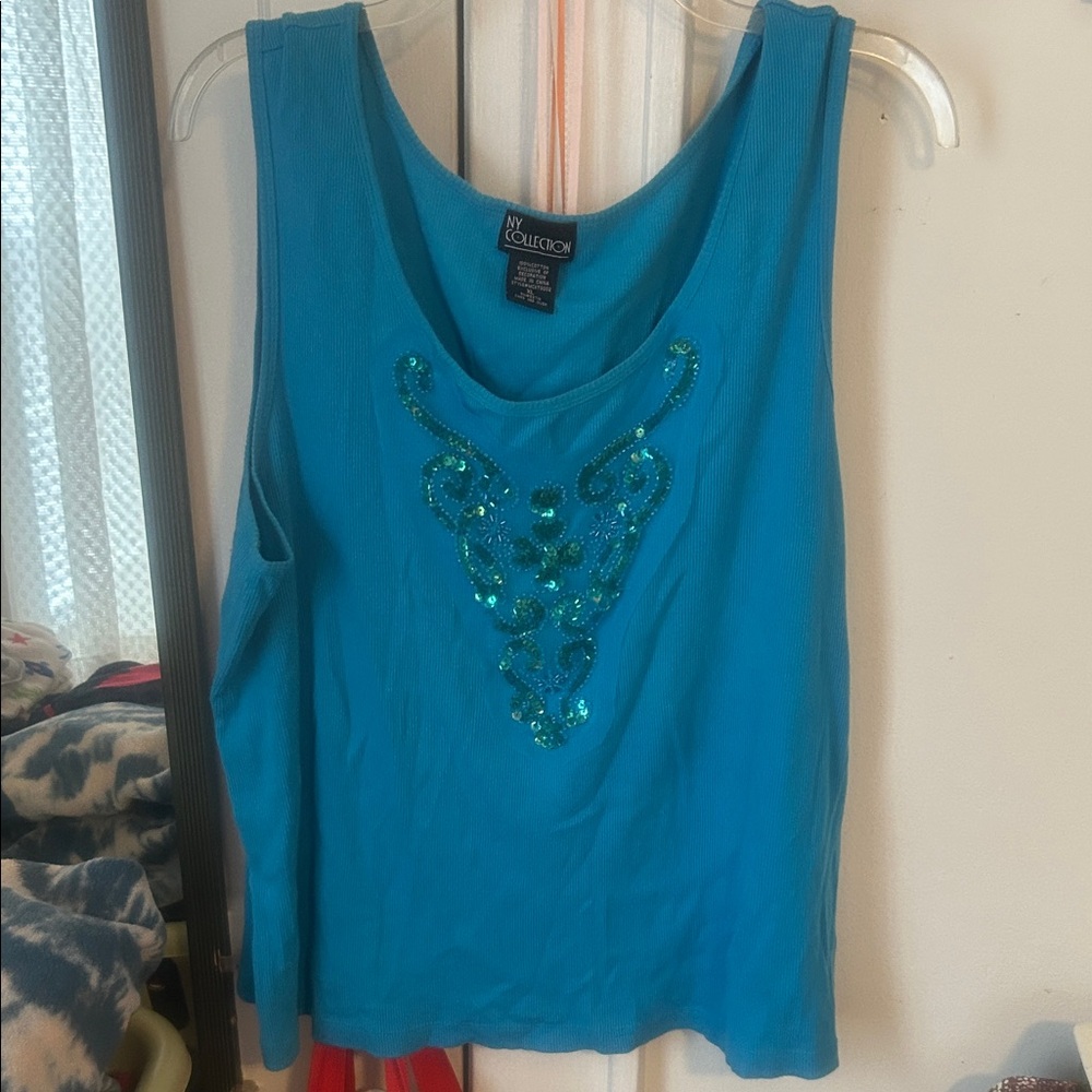 NY Collection Blue Sequin Embellished Tank Top